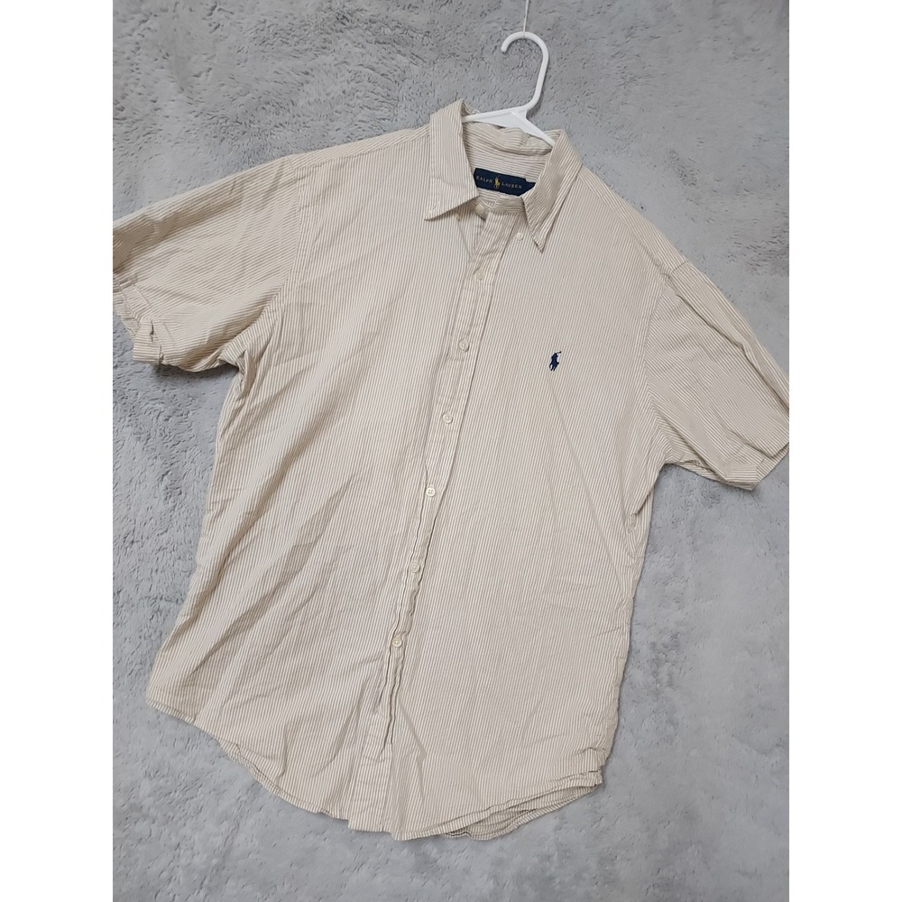 Polo Ralph Lauren Shirt Mens Large Seersucker Preppy Oxford Striped Brown Casual